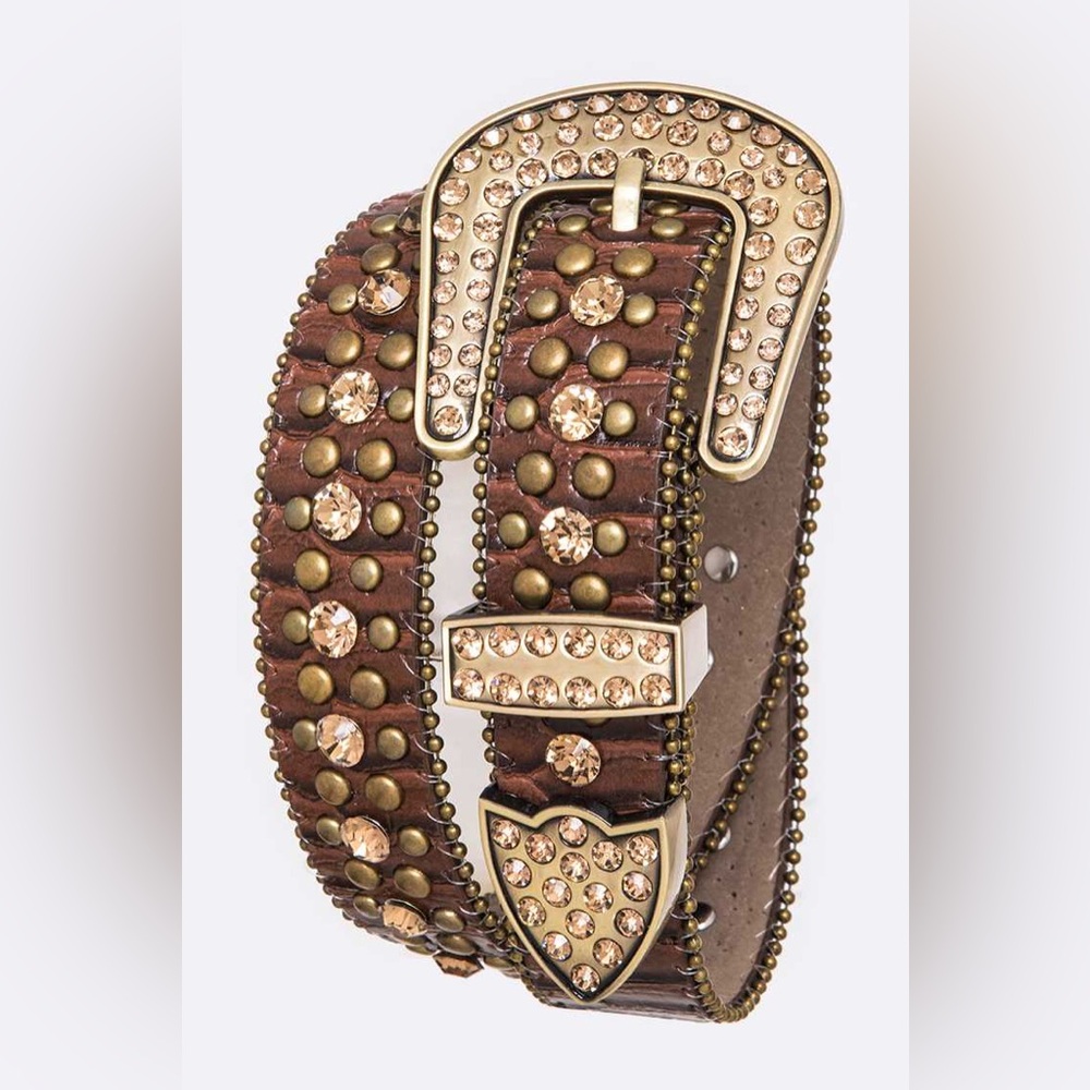 Brown & Gold Genuine Leather Crystal Fashion Belt